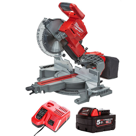 Milwaukee M18FMS254-0 18V FUEL Brushless 254mm Compound Mitre Saw with 1 x 5.0Ah Battery & Charger