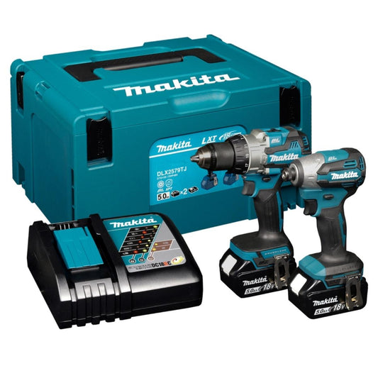 Makita DLX2579TJ 18V LXT Brushless Twin Pack Combi Drill & Impact Driver with 2 x 5.0Ah Batteries, Charger & Case