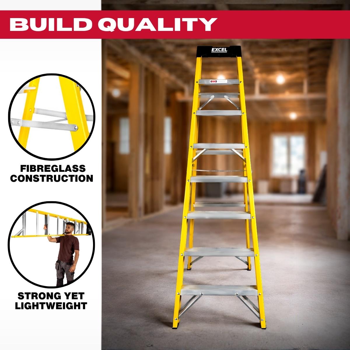 Excel Electricians Fibreglass Step Ladder 8 Tread 1.91m Heavy Duty