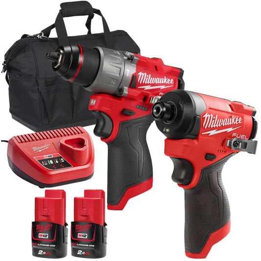 Milwaukee 12V Twin Pack Brushless Impact Driver + Combi Drill with 2 x 2.0Ah Battery Charger & Bag