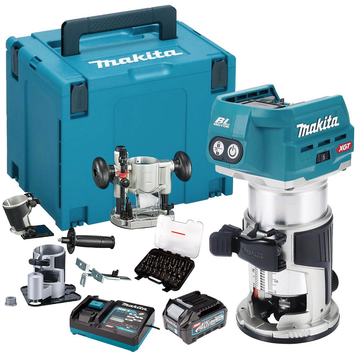 Makita RT001GZ16 40Vmax XGT Brushless Router Trimmer With 1 x 2.5Ah Battery Charger & 35 Piece Cutter Set