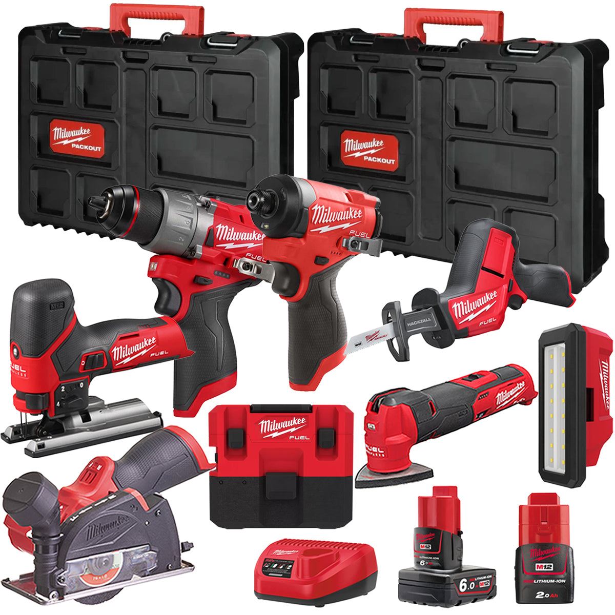 Milwaukee M12FPP7B2-653P 12V Fuel 8 Piece Powerpack Tool Kit with 1 x 6.0Ah & 2.0Ah Batteries, Charger & Case
