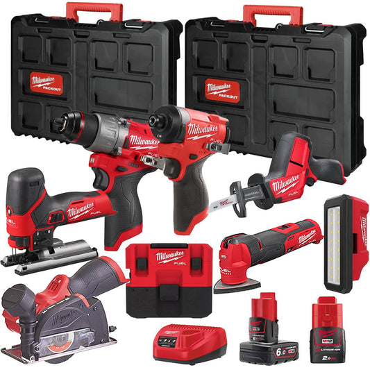 Milwaukee M12FPP7B2-653P 12V Fuel 8 Piece Powerpack Tool Kit with 1 x 6.0Ah & 2.0Ah Batteries, Charger & Case