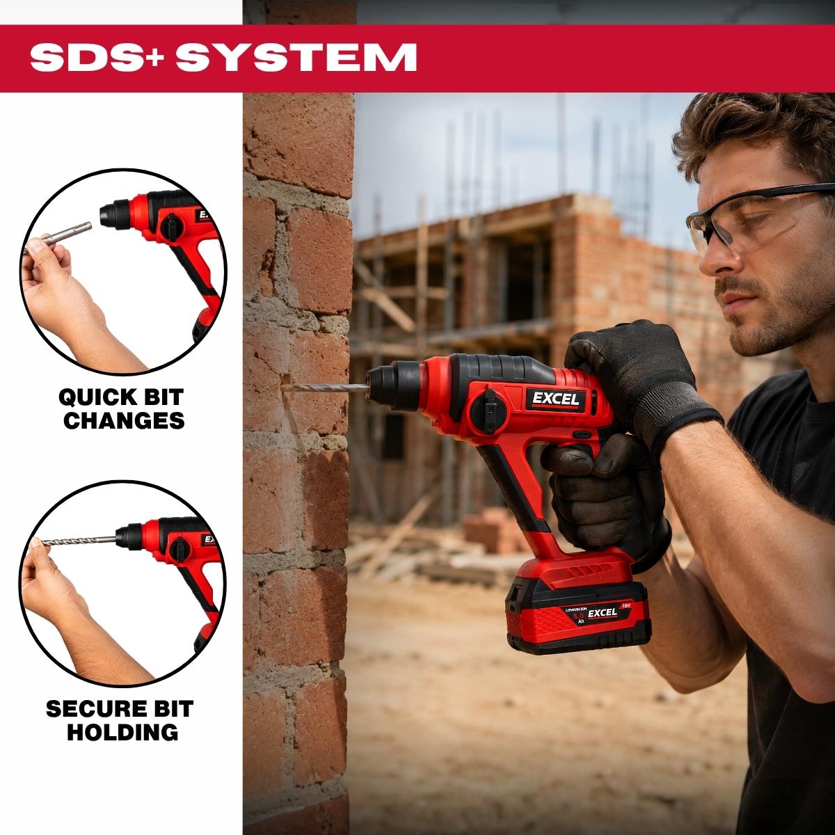 Excel 18V SDS+ Cordless Rotary Hammer Drill with 2 x 4.0Ah Battery & Dual Port Charger