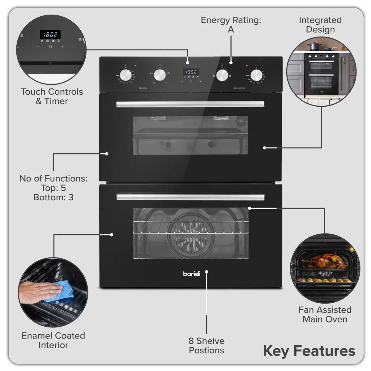 Sealey DH278 Baridi 72cm Built-Under Double Oven, 74L Capacity, Energy Rating A Black 240V