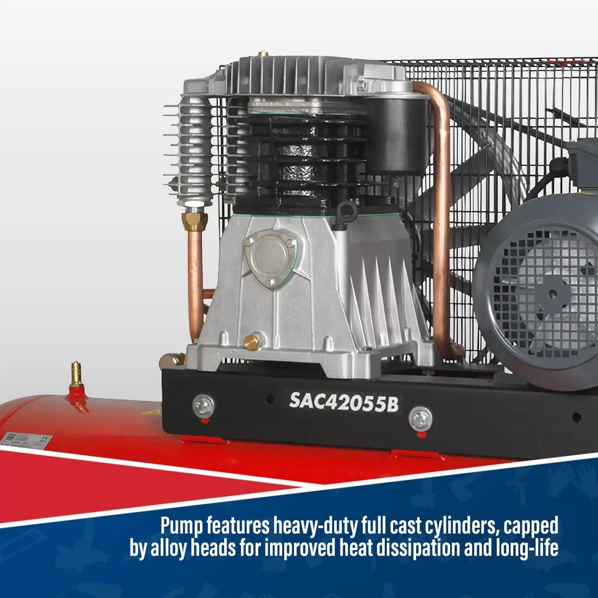 Sealey SAC42055B 200L Belt Drive Air Compressor with Cast Cylinders 415V/32A