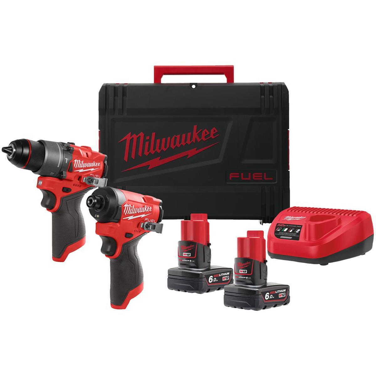 Milwaukee M12FPP2A2-602X 12V Fuel Brushless Combi Drill & Impact Driver with 2 x 6.0Ah Battery Charger & Case 4933480589