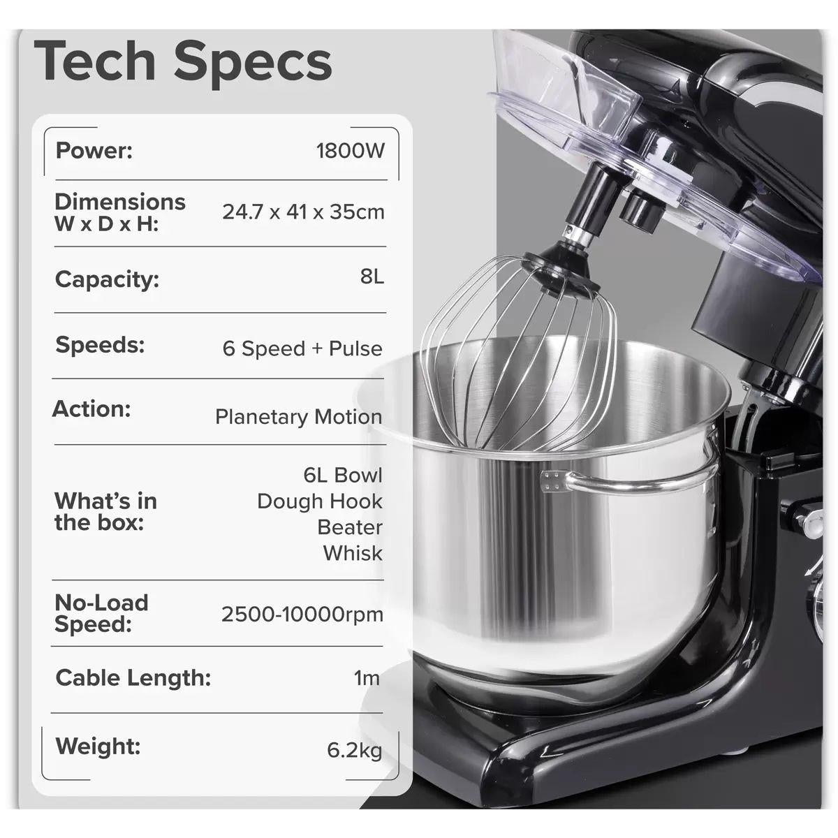 Sealey DH174 Baridi Stand Mixer with Accessories 8L Black 230V/1800W