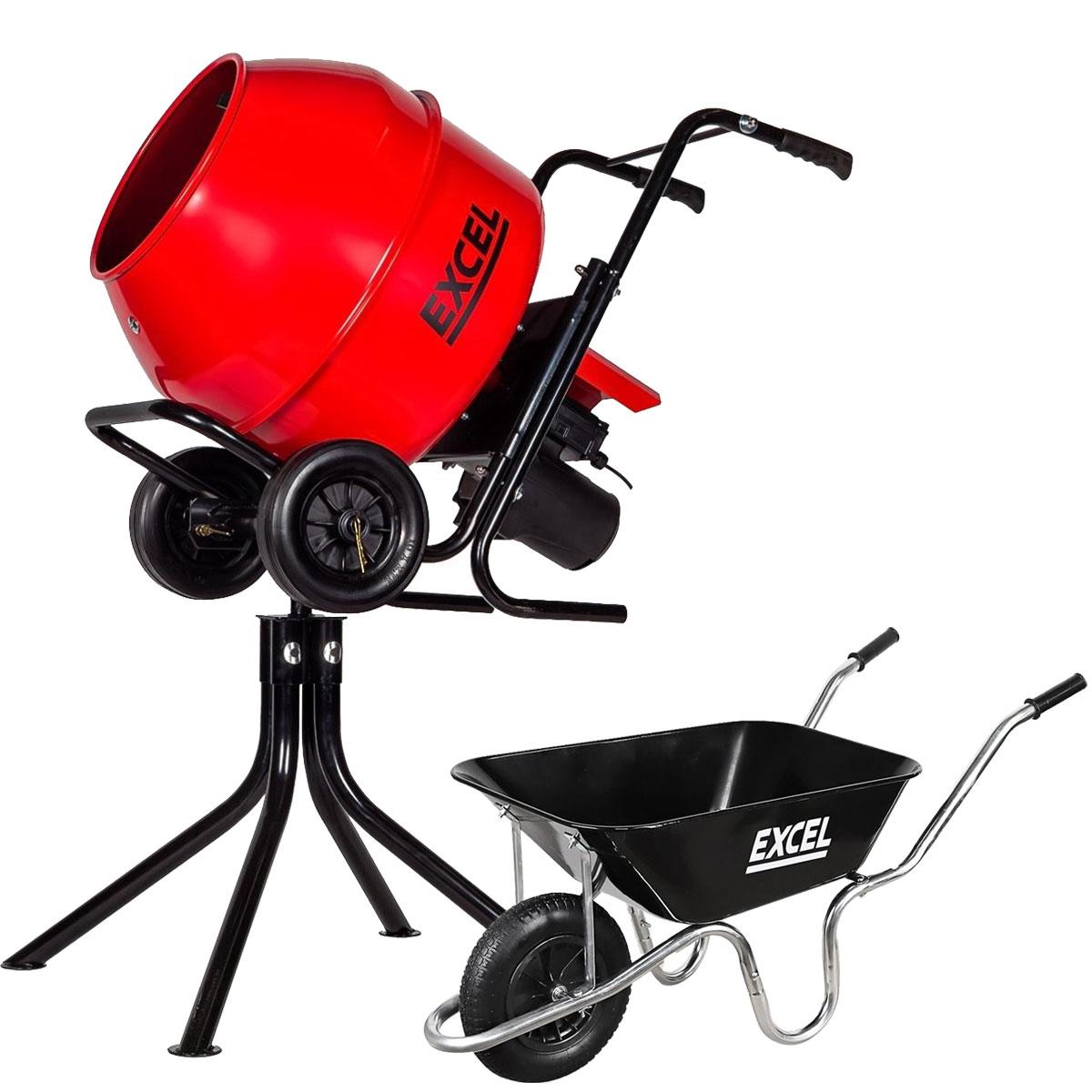 Excel 134L Portable Cement Mixer 240V/370W with Wheels & 100L Wheelbarrow Black Steel Tray