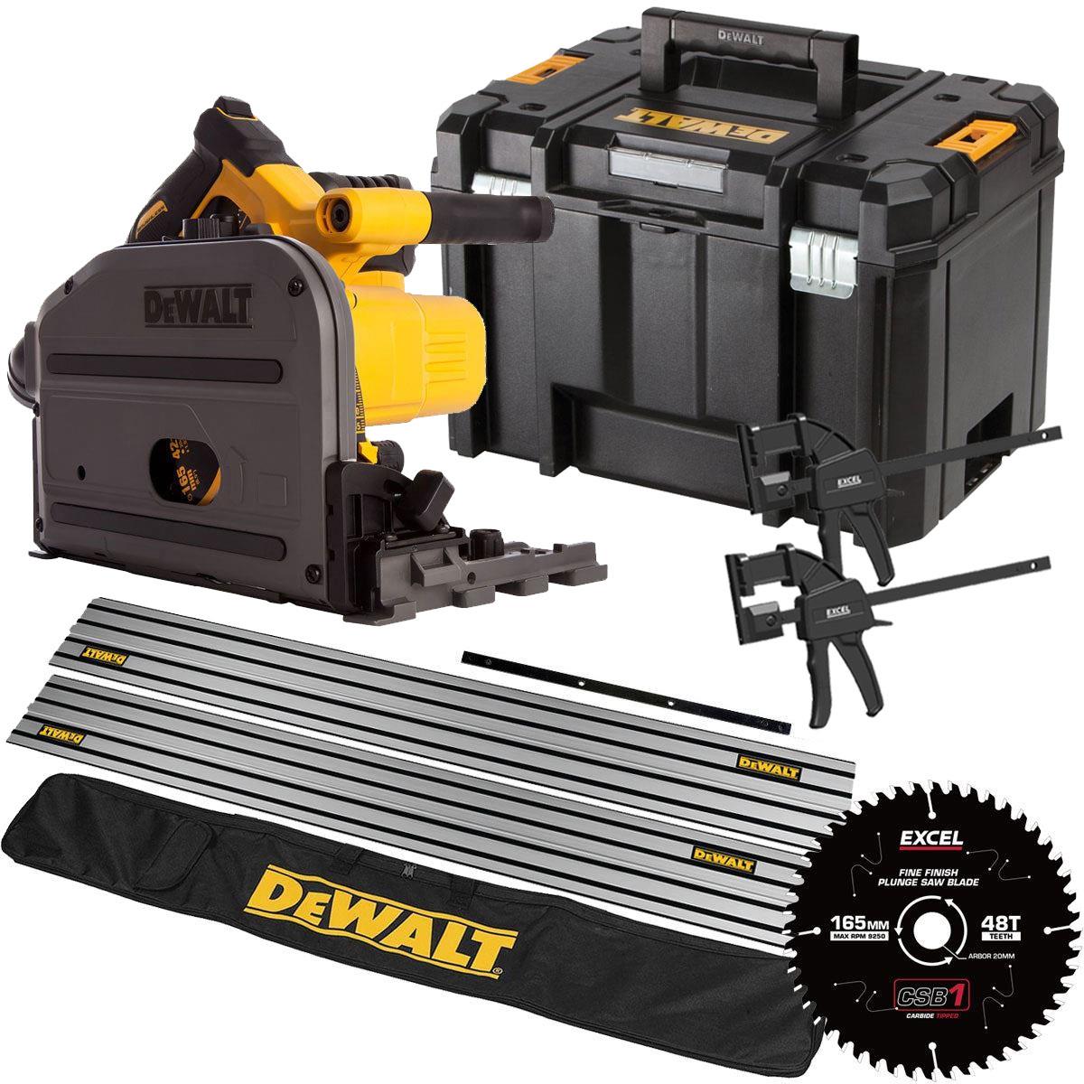 DeWalt DCS520NT 54V XR Flexvolt Brushless 165mm Plunge Saw 2 x 1.5m Guide Rail Clamps with Blade & Case + Rail Bag