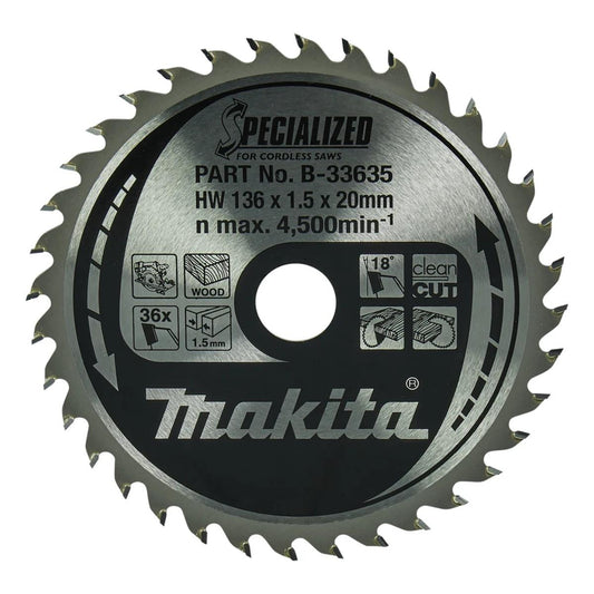 Makita B-33635 Specialized TCT Circular Saw Blade 136mm x 20mm x 36T