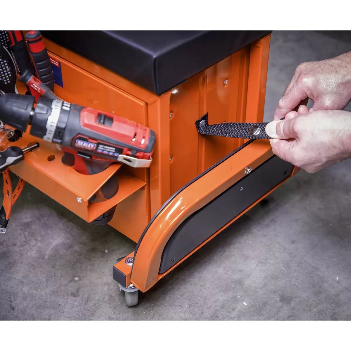Sealey SCR18O Mechanic's Utility Seat & Toolbox-Orange