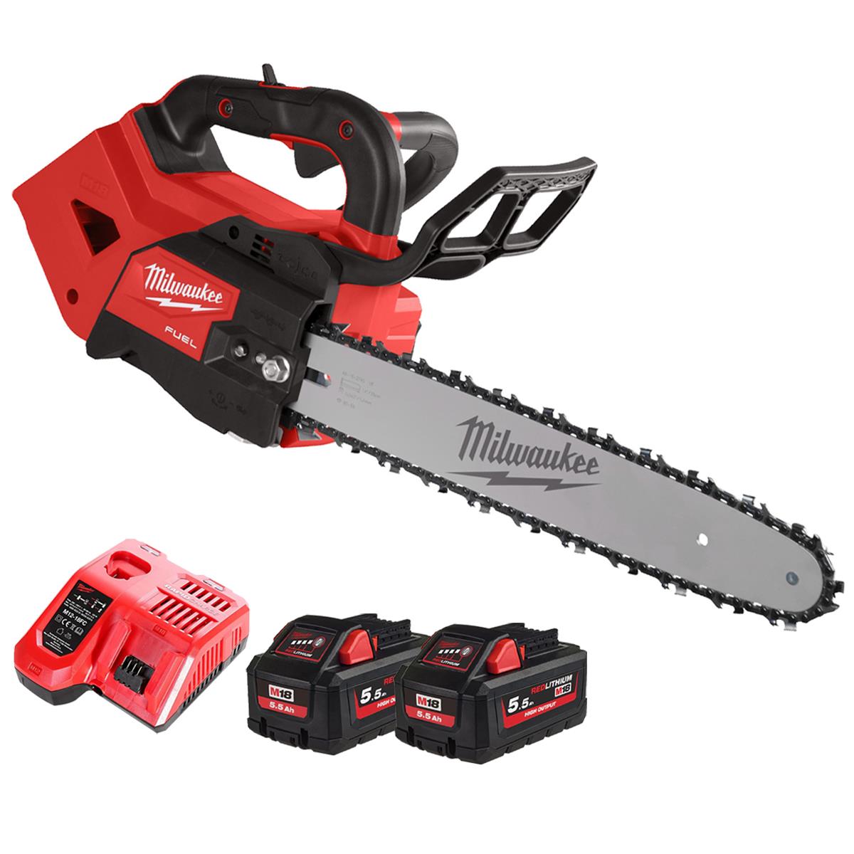 Milwaukee M18FTHCHS35-0 18V FUEL Brushless 35cm Top Handle Chainsaw With 2 x 5.5Ah Battery & Charger