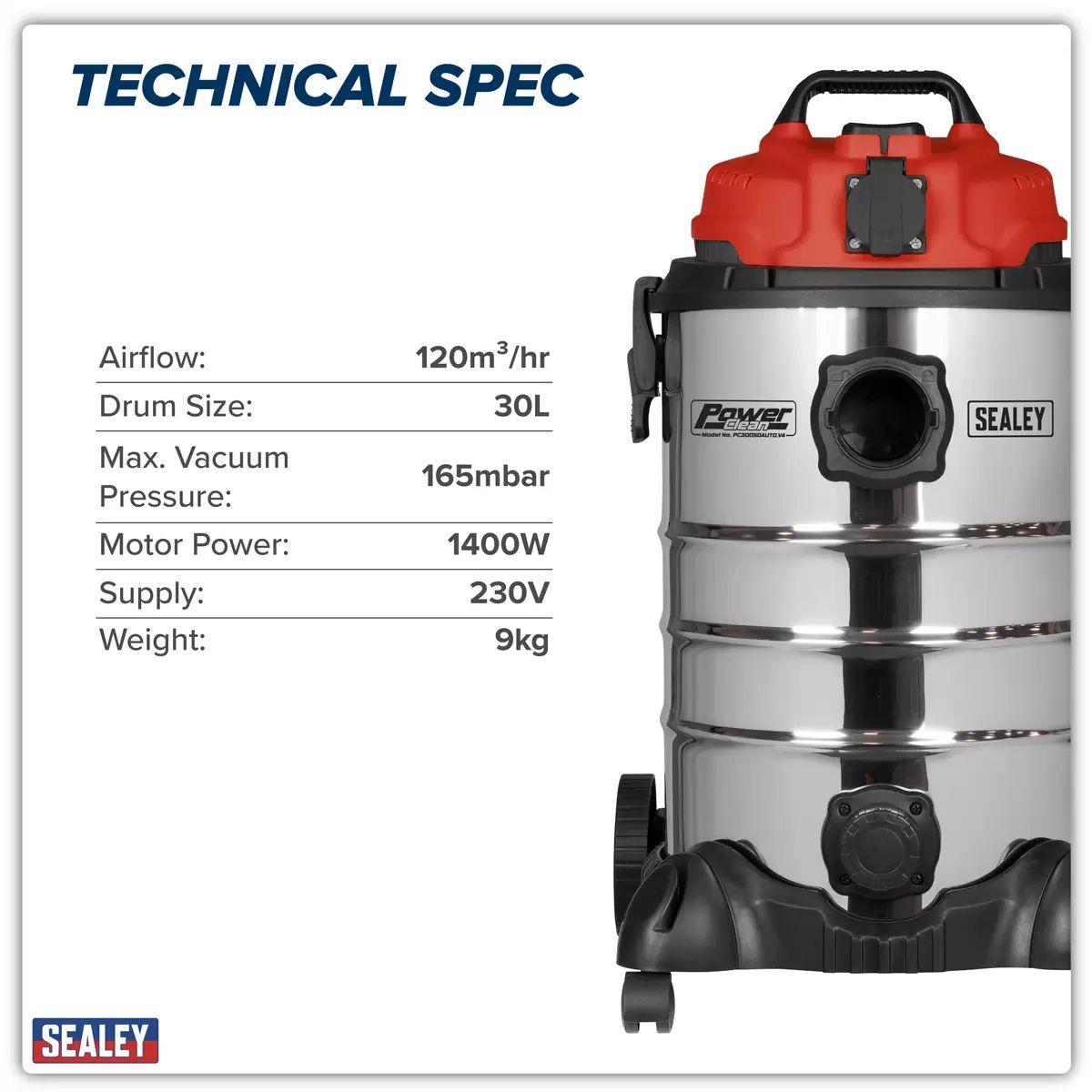 Sealey PC300SDAUTO Vacuum Cleaner Industrial 30ltr Stainless 230V/1400W