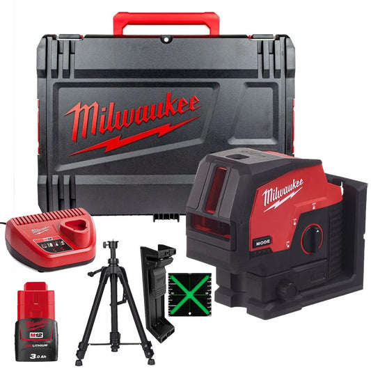 Milwaukee M12CLLP-0 12V Green Cross Line 2 Plane Laser 360° Case with 1 x 3.0Ah Battery Charger & Laser Tripod