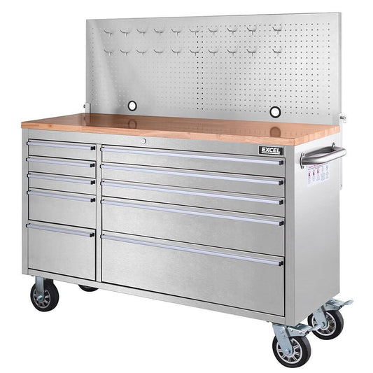 Excel 55" 10 Drawer Stainless Steel Roller Tool Cabinet & Workbench with Pegboard