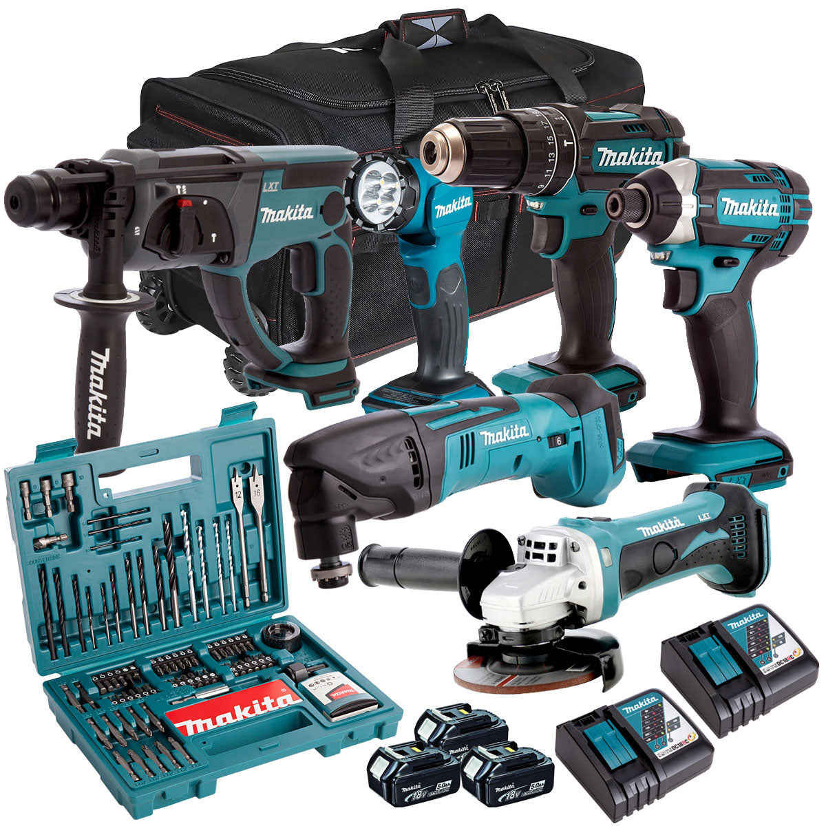 Makita 18V 6 Piece Kit with 3 x 5.0Ah Batteries Charger & Free 100 Accessory Set T4TKIT-7316