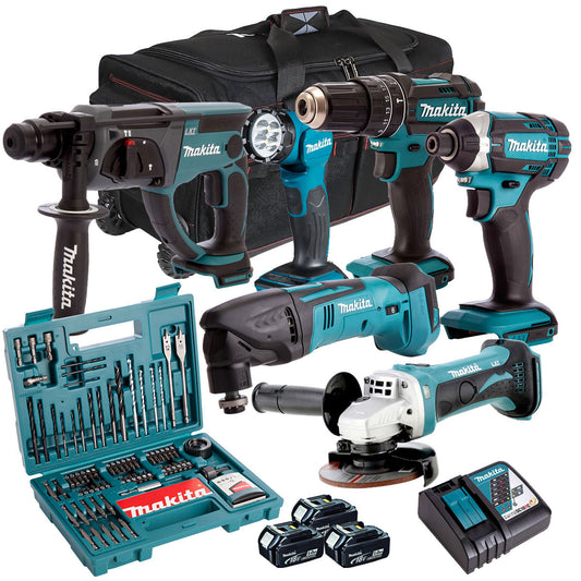 Makita 18V 6 Piece Kit with 3 x 5.0Ah Batteries Charger & Free 100 Accessory Set T4TKIT-7316