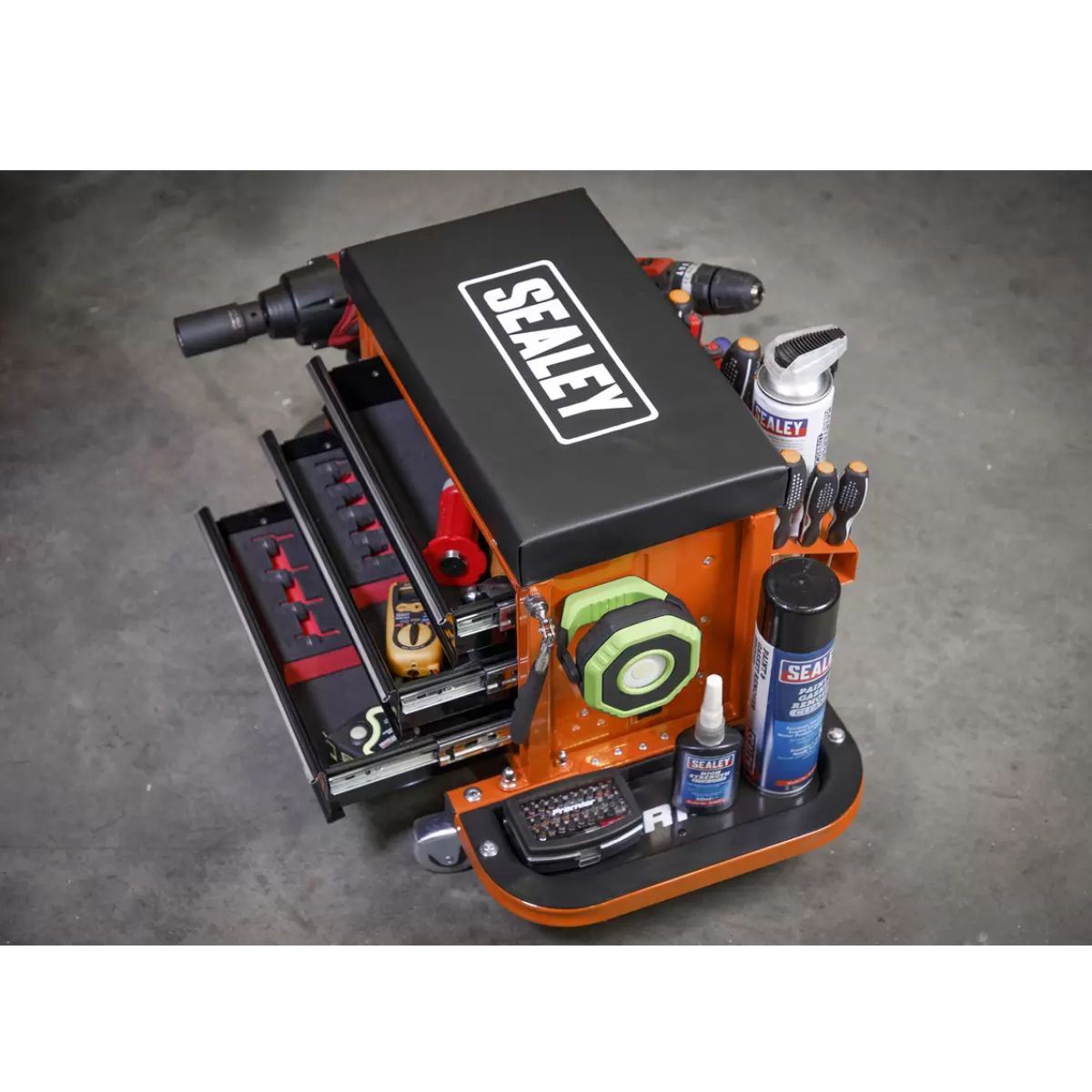 Sealey SCR18O Mechanic's Utility Seat & Toolbox-Orange