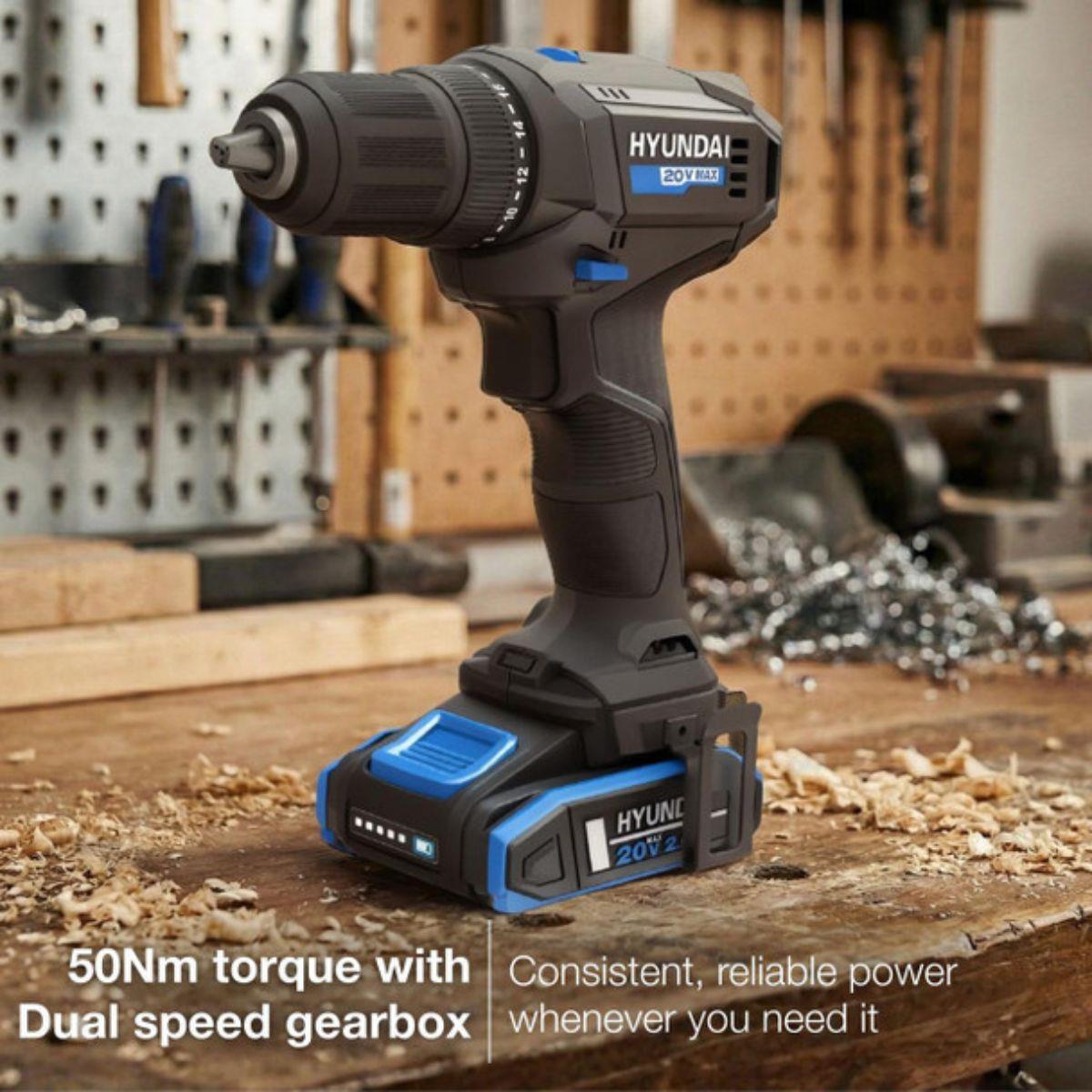Hyundai HD20S-50TT 20V Cordless Hammer Drill  1 X 2Ah Battery and Charger With 75 Piece Accessory Kit in Carry Case