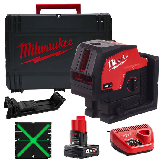 Milwaukee M12CLLP-0 12V Green Cross Line 2 Plane Laser 360° with 1 x 6.0Ah Battery Charger & Case