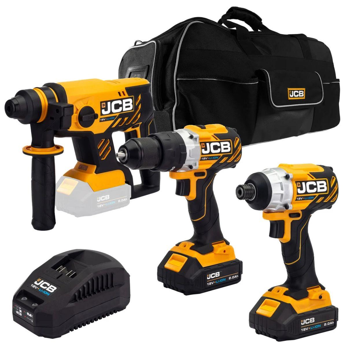 JCB 21-18BL3PK-2 18V Brushless Combi Drill, Impact Driver & Hammer Drill Kit With 2 x 2Ah Li-Ion Batteries, Charger & Kit Bag