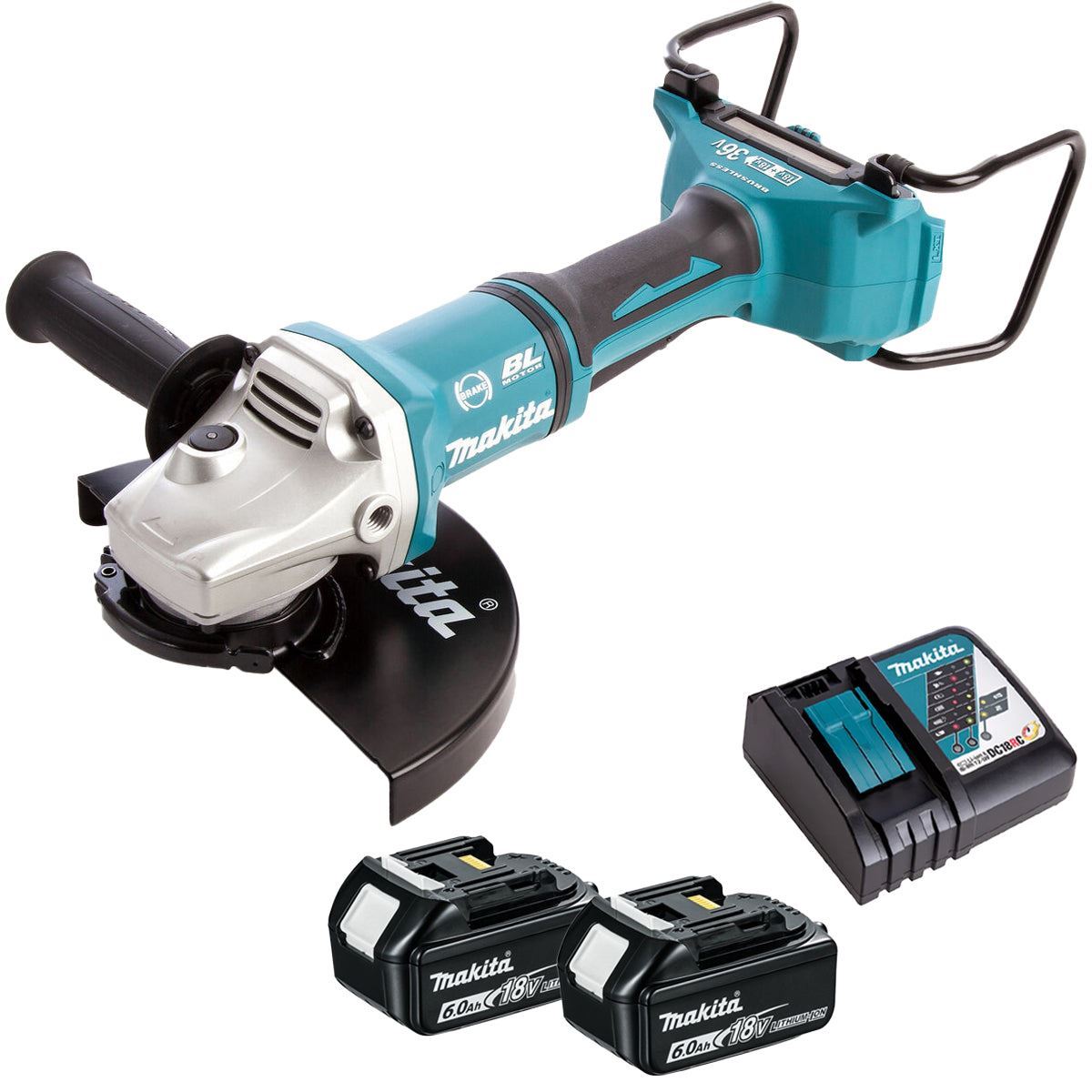 Makita DGA900Z 36V Brushless 230mm Angle Grinder with 2 x 6.0Ah Battery & Charger
