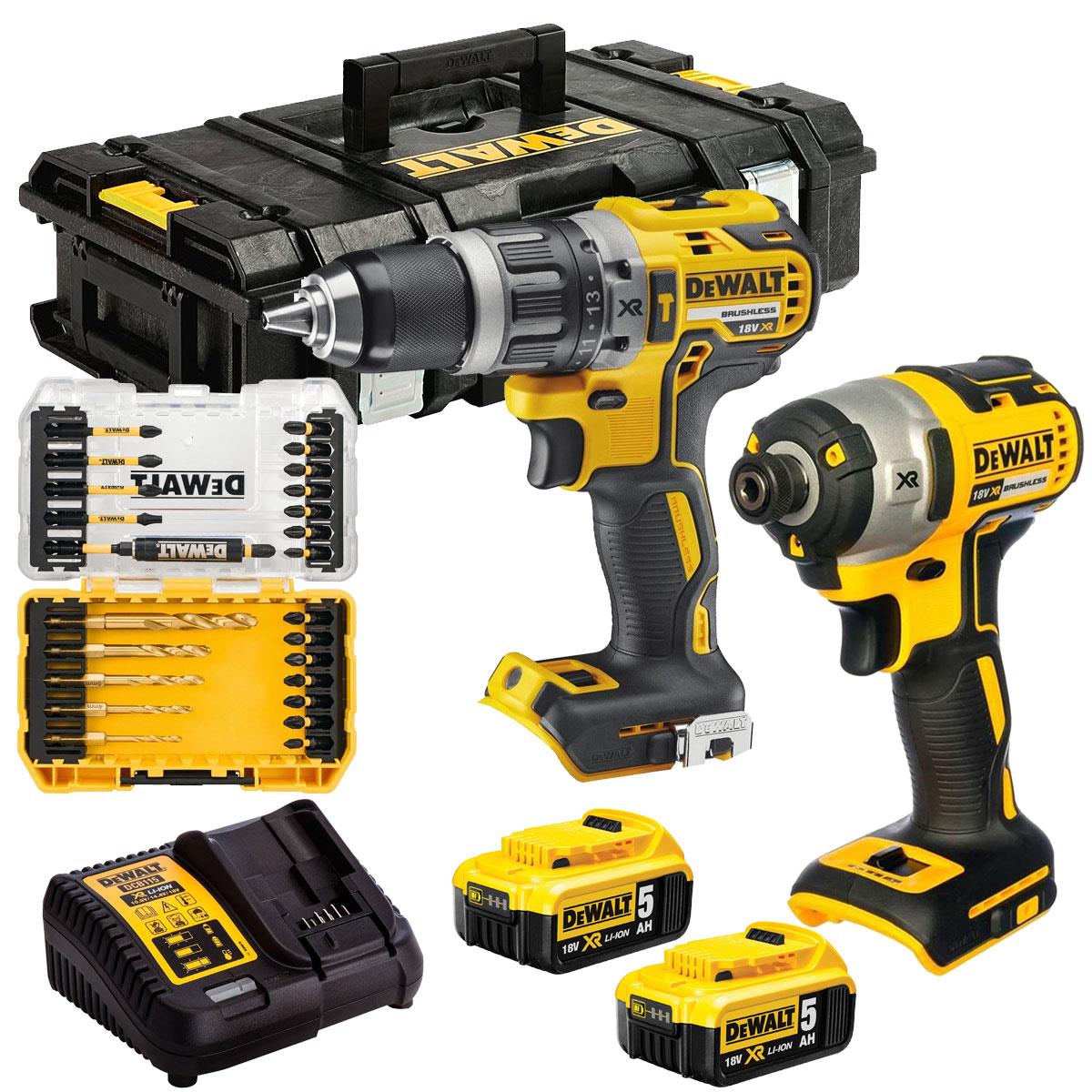 Dewalt 18V Brushless Twin Kit 2 x 5.0Ah Battery Charger & Toughsystem Box with 25 Pieces Set