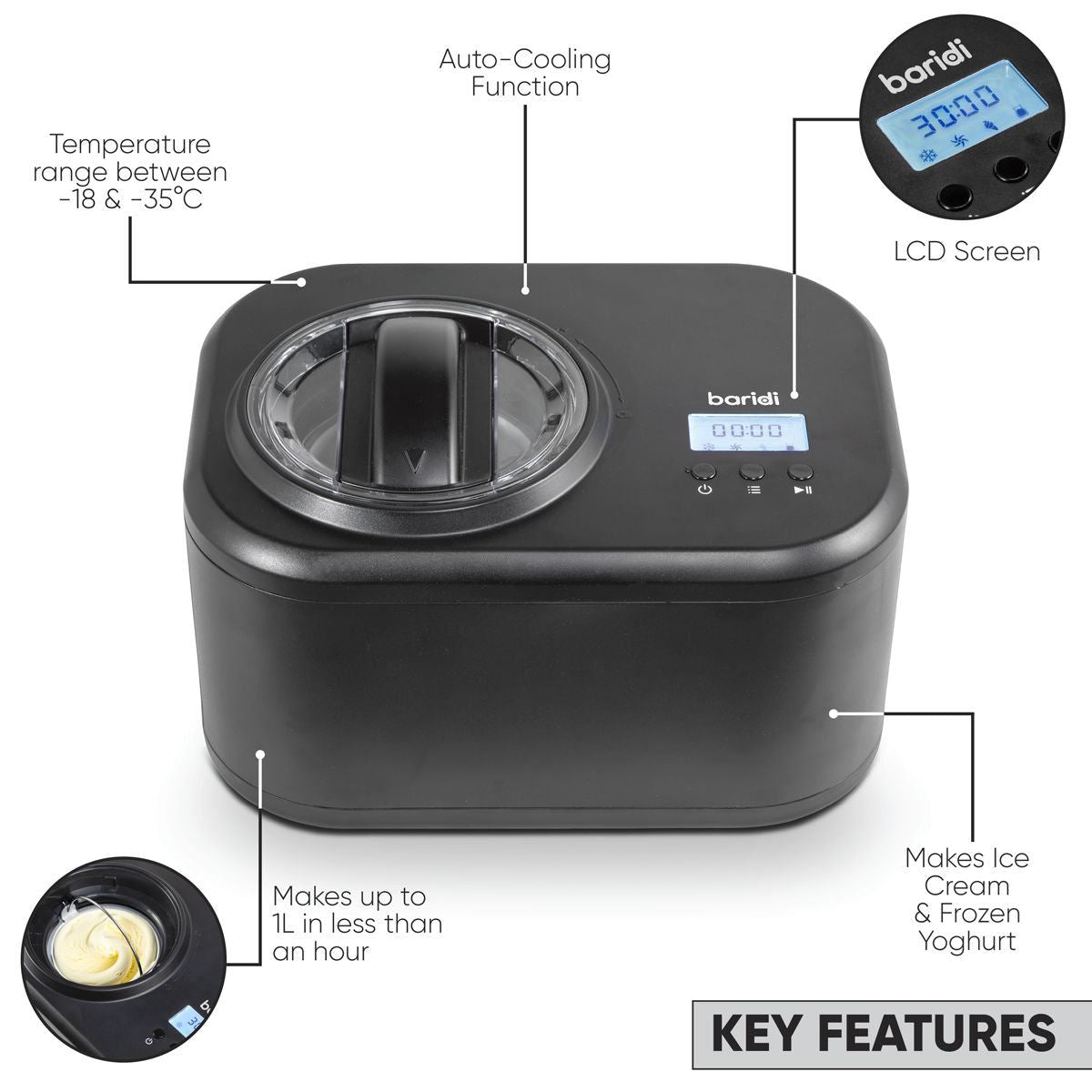 Sealey DH238 Baridi Automatic Churning Ice Cream Machine 1L Capacity Black 230V