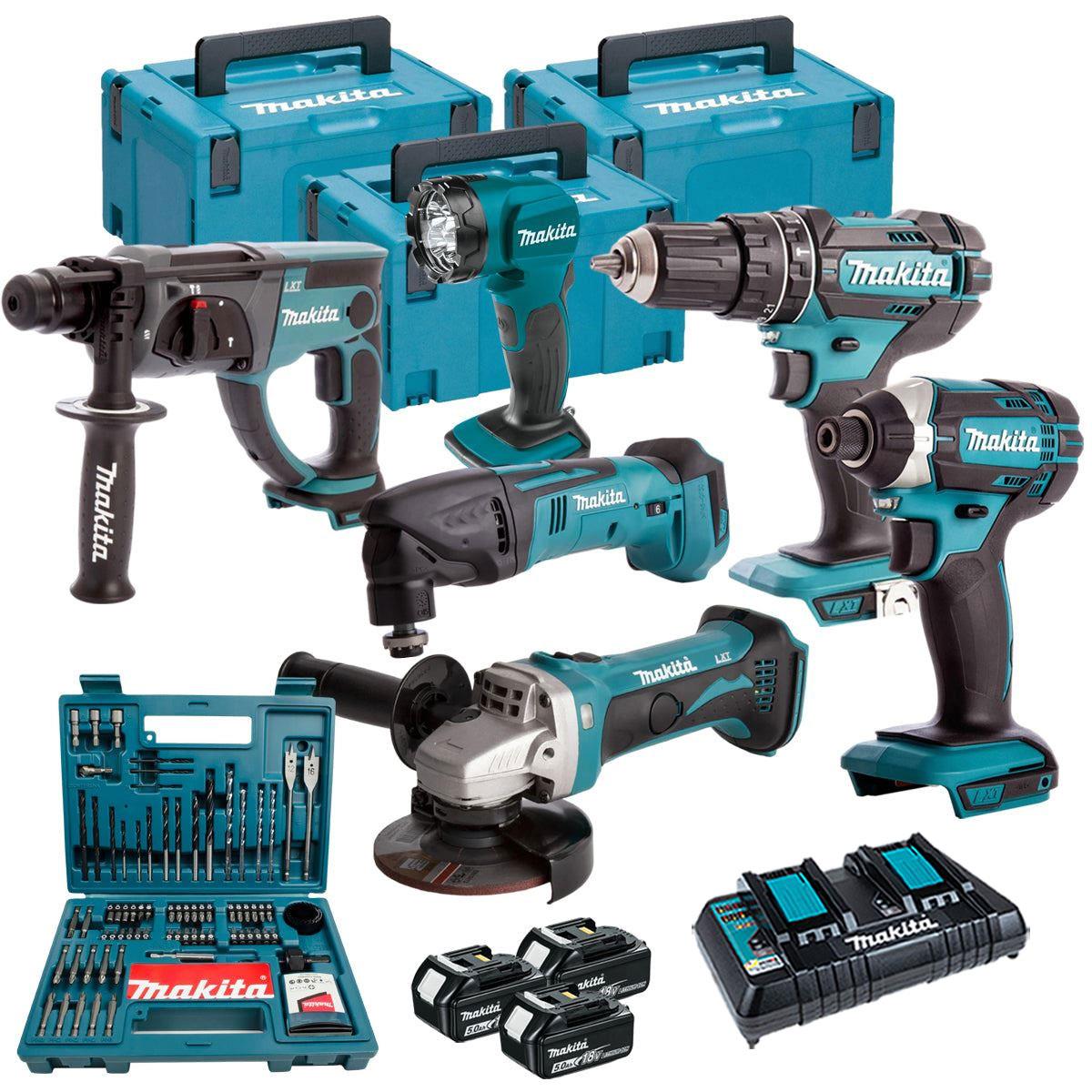 Makita 18V 6 Piece Power Tool Kit with 3 x 5.0Ah Battery Charger & 100 Piece Bit Set T4TKIT-16457