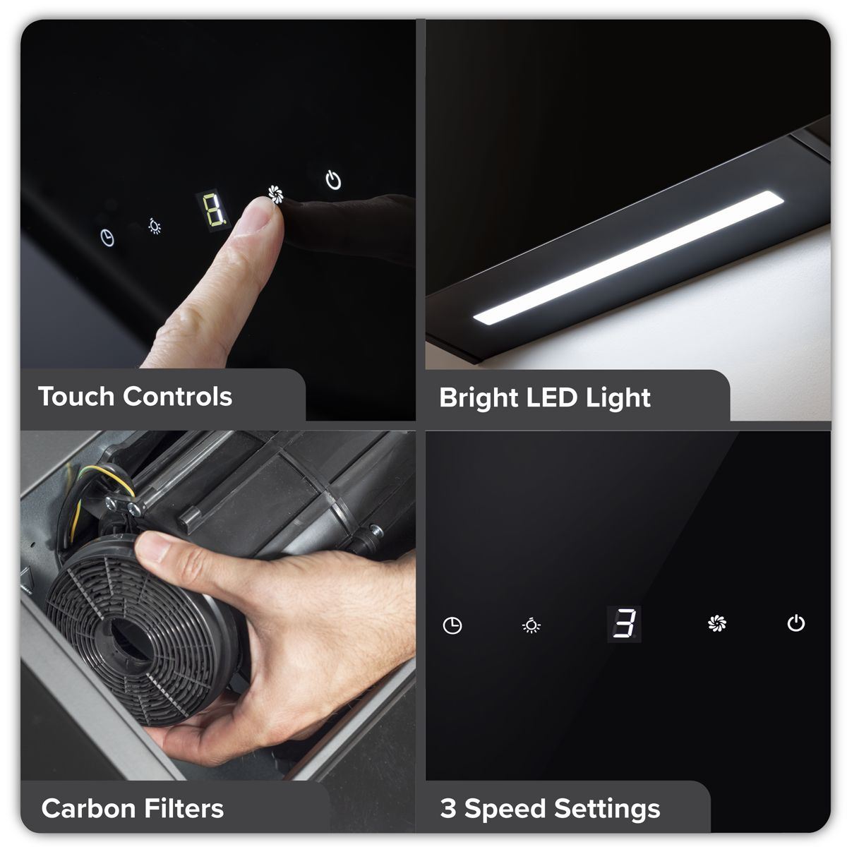 Sealey DH105 Baridi Angled Chimney Cooker Hood with Touch Controls & Carbon Filters 60cm Black Glass