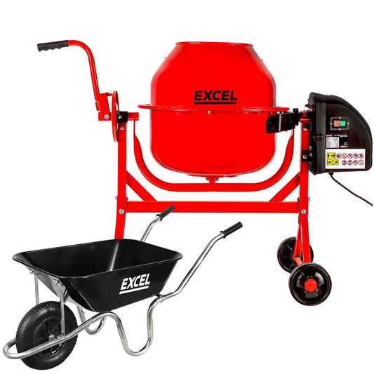 Excel 70L Portable Cement Concrete Mixer 240V/220W with Wheels & 100L Wheelbarrow Black Steel Tray