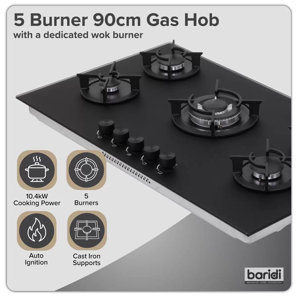 Sealey DH385 Baridi 90cm Gas Hob Matt Black 5 Burners Cast Iron Supports & Auto Ignition 10.4kW/230V