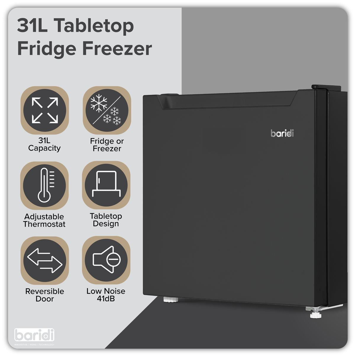 Sealey DH255 Baridi Mini Tabletop Fridge/Freezer 31L Capacity Black