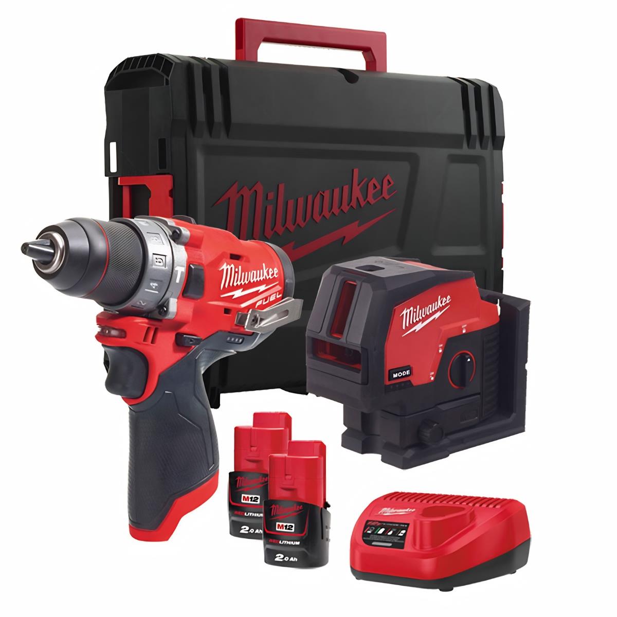 Milwaukee M12FPPBB-202X 12V Combi Drill & Cross Line Laser With 2 x 2.0Ah Battery Charger & Case 4933478988