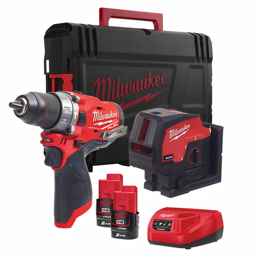 Milwaukee M12FPPBB-202X 12V Combi Drill & Cross Line Laser With 2 x 2.0Ah Battery Charger & Case 4933478988