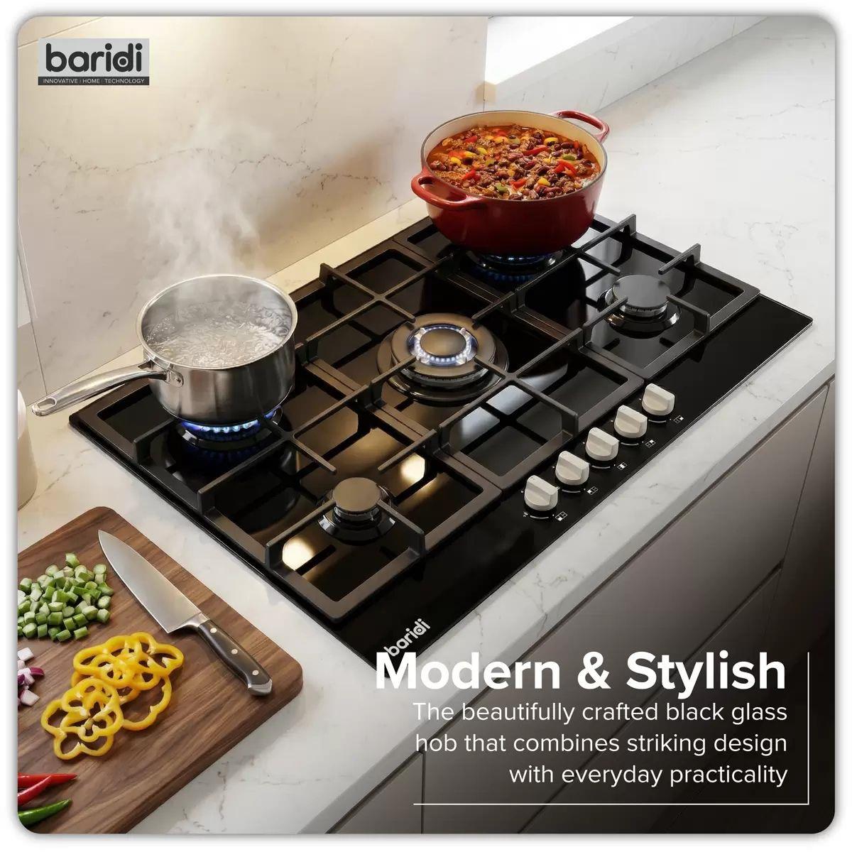 Sealey DH383 Baridi 90cm Gas Hob Black Glass with 5 Burners, Cast Iron Supports & Auto Ignition 11kW/230V