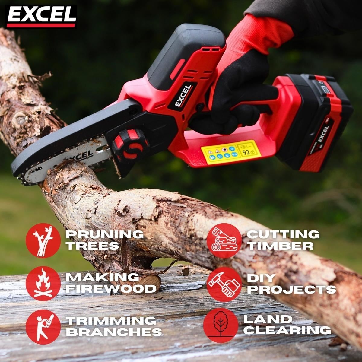Excel 18V Cordless Mini Chain Saw with 1 x 2.0Ah Battery & Charger