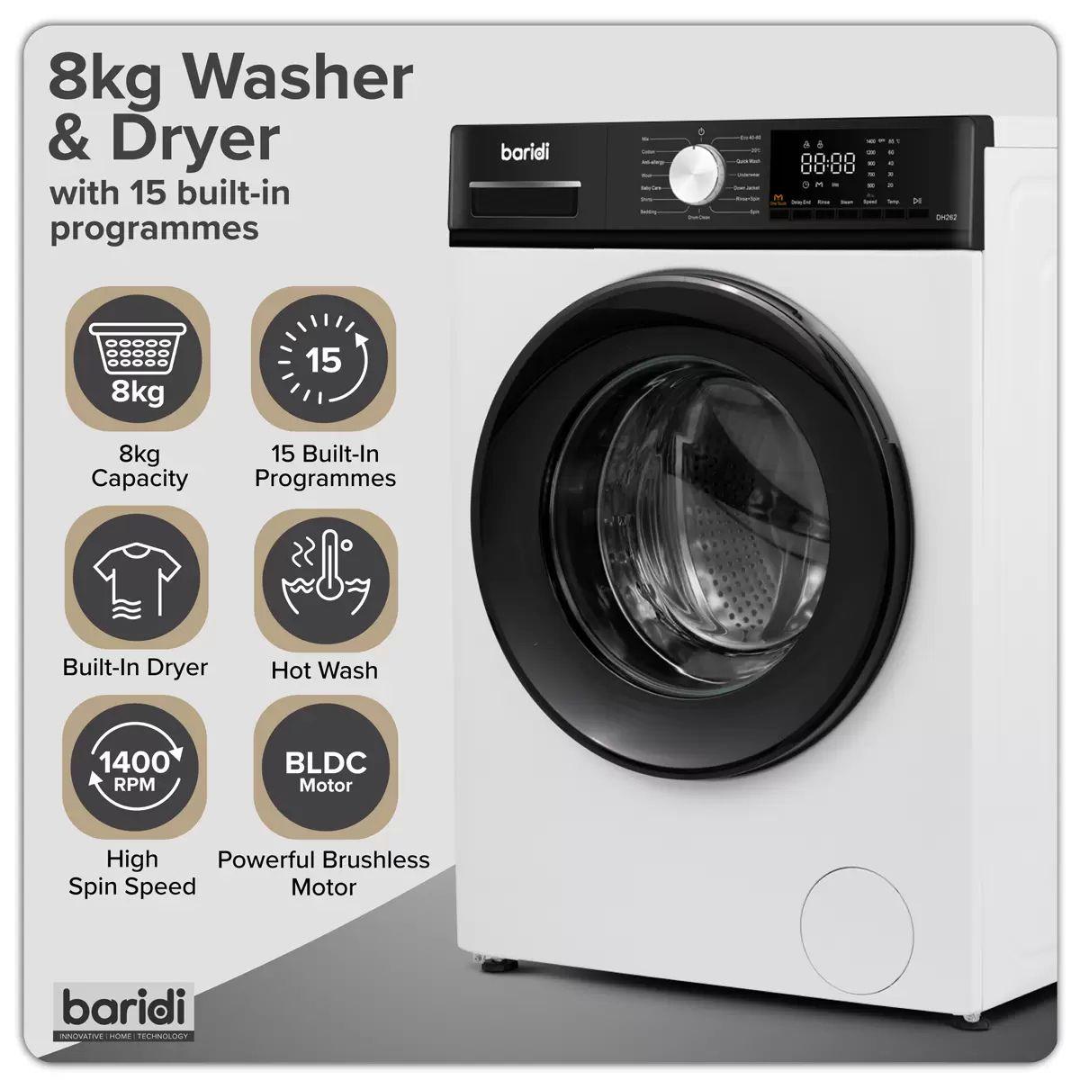 Sealey DH263 Baridi 8/5kg Washer Dryer, Front Loading 1400rpm White 240V