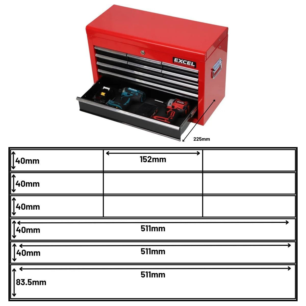 Excel 9 Drawers Portable Tool Chest Cabinet with Ball Bearing Slides Black and Red