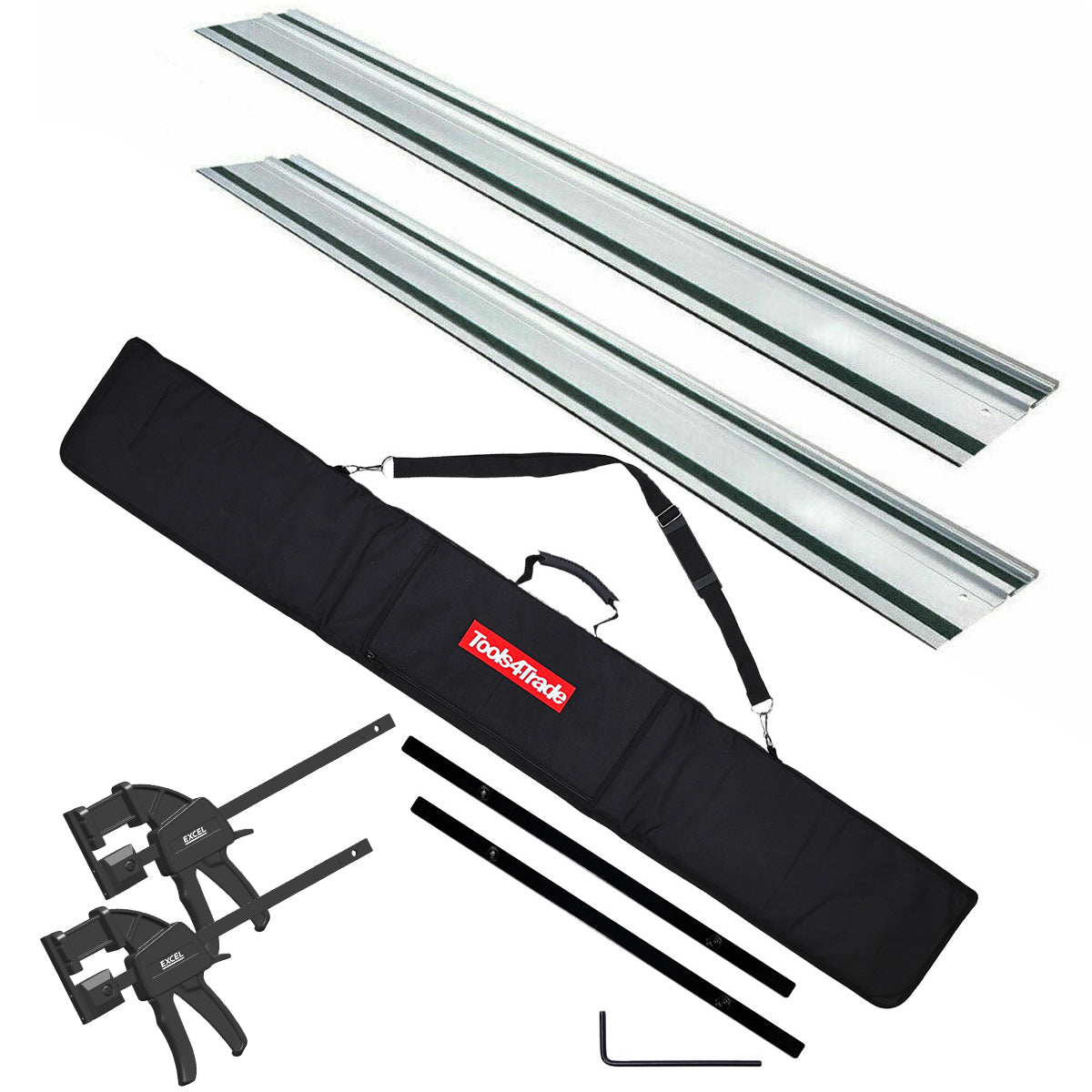 Excel Plunge Saw Accessories Kit 2 x 1500mm Guide Rails, Connectors, Clamps and Rail Bag