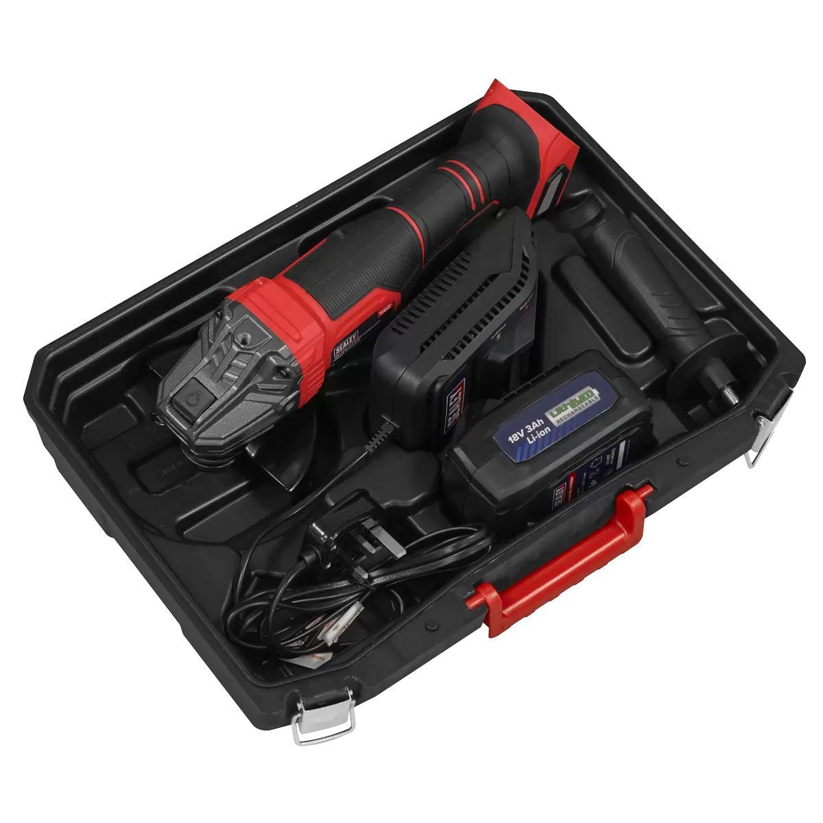 Sealey CP401LI 18V Angle Grinder 115mm 1 x 3Ah lithium-ion battery & 2.4A mains charger in a storage case