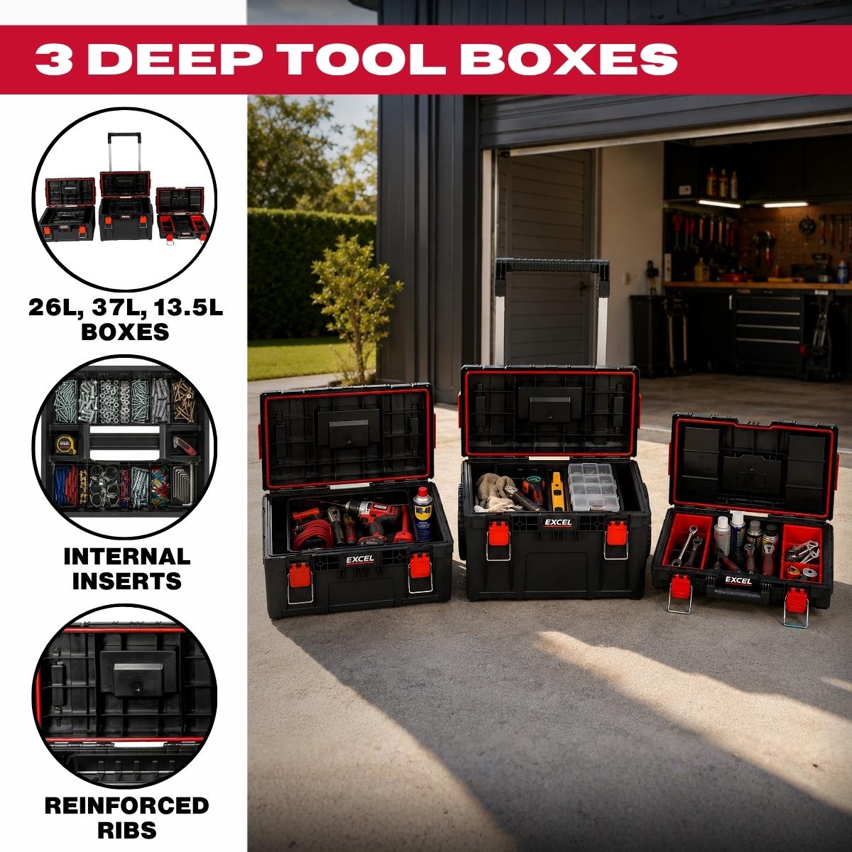 Excel Modular Tool Box Heavy Duty Mobile Storage 3 Piece Set with Wheels