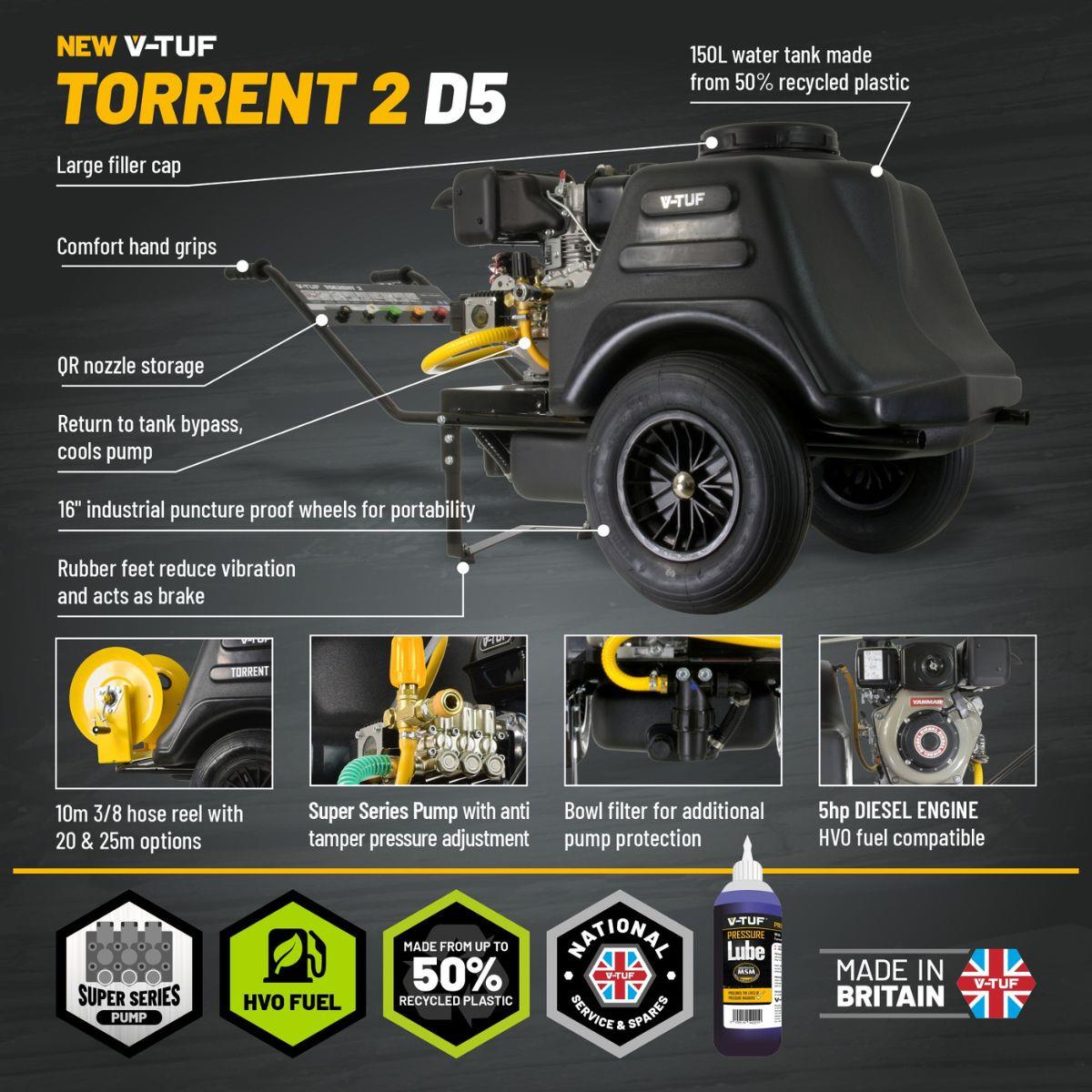 V-TUF Torrent 2D5 Diesel Pressure Washer 150L Capacity, Yanmar L4.8 Engine & 150Bar Pressure