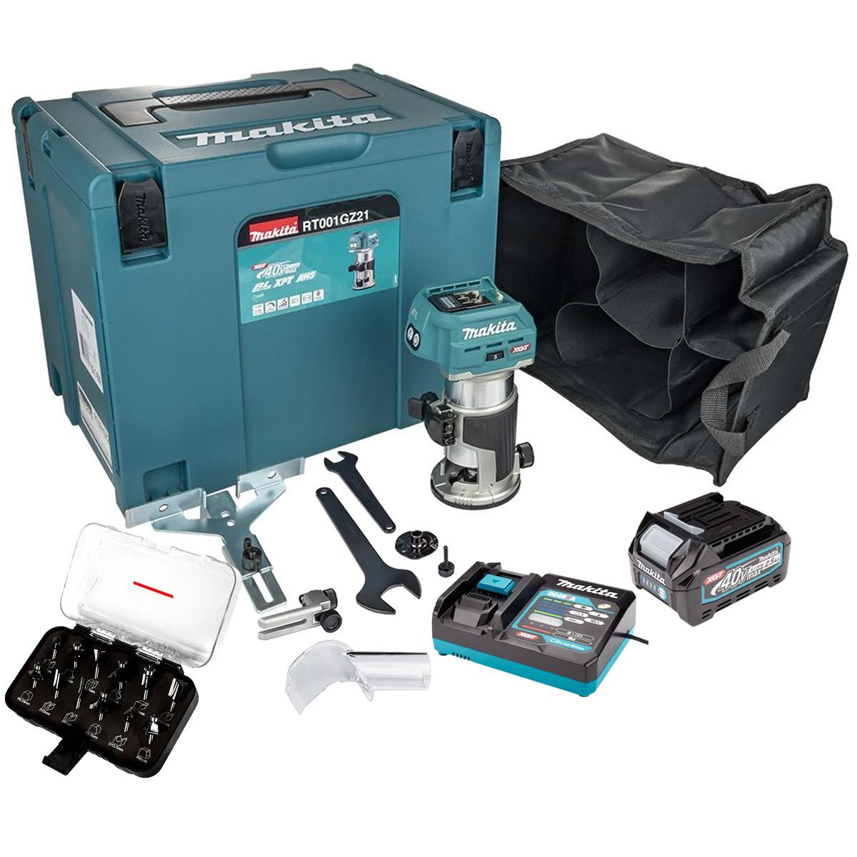 Makita RT001GZ21 40V XGT Brushless Trimmer With 1 x 2.5Ah Battery Charger & 12 Piece Cutter Set