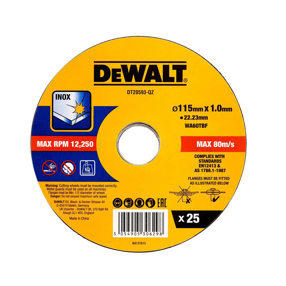 Dewalt 115mm Metal Bonded Thin Cutting Discs DT20593-QZ Pack of 25