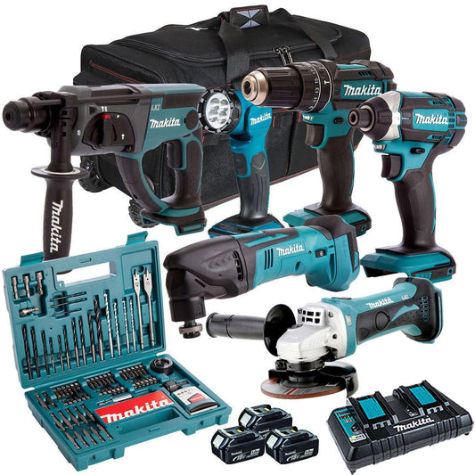 Makita 18V 6 Piece Kit with 3 x 5.0Ah Batteries Charger & 100 Accessory Set T4TKIT-7316