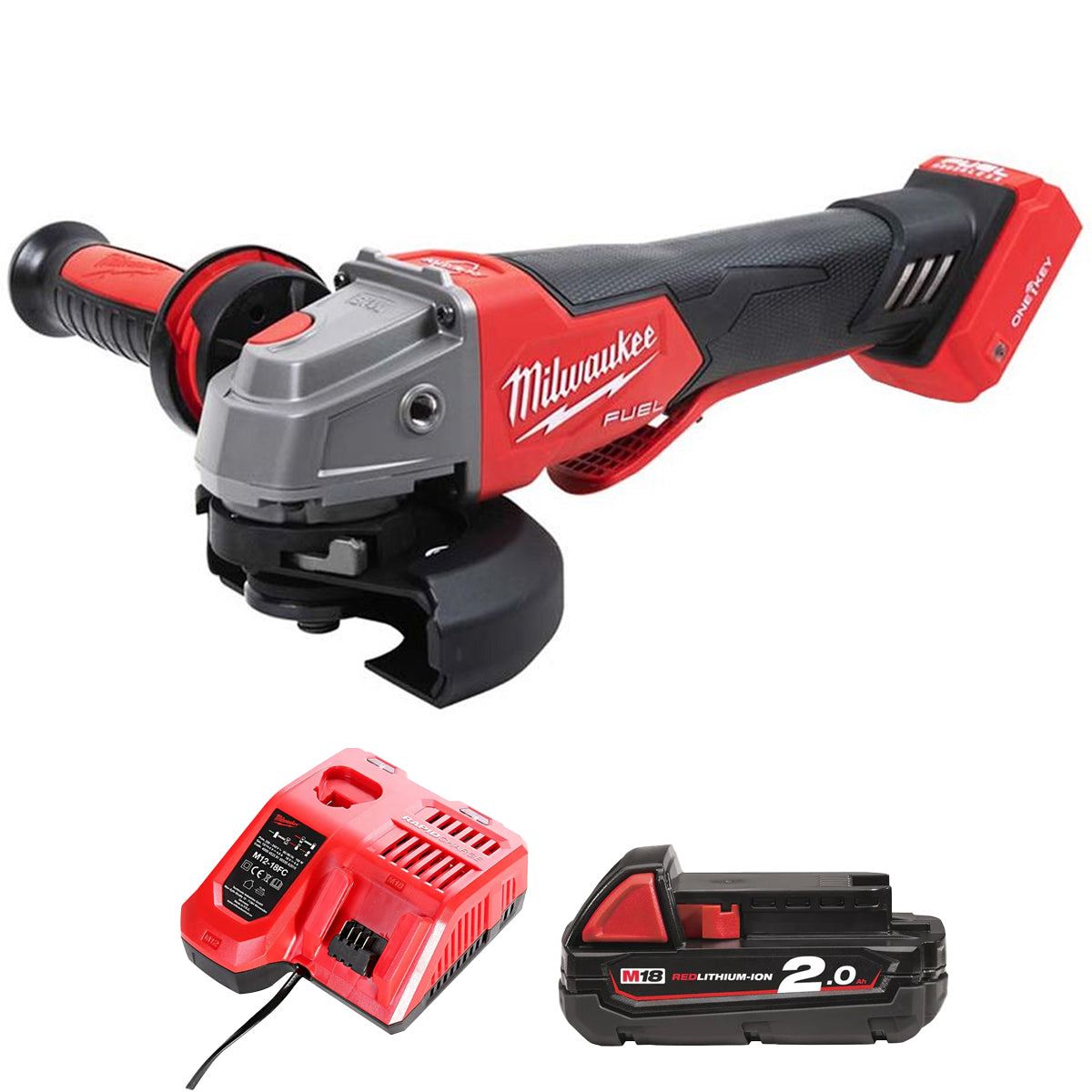 Milwaukee M18ONEFSAG115XPDB-0 18V Fuel One-Key Brushless 115mm Angle Grinder with 1 x 2.0Ah Battery & Charger