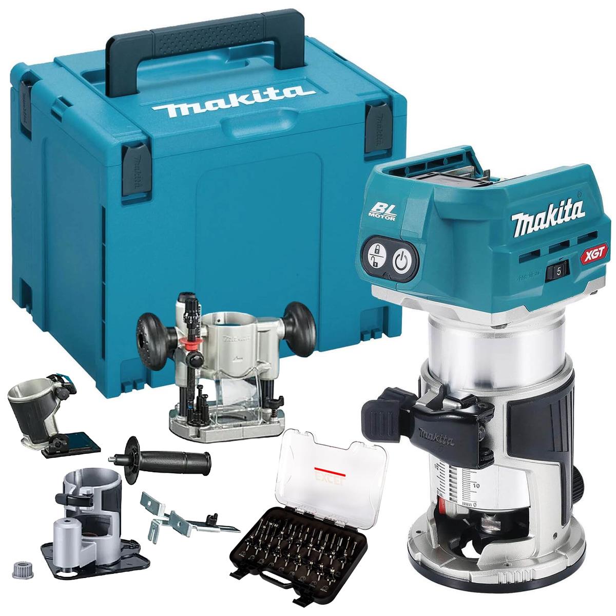 Makita RT001GZ16 40Vmax XGT Brushless Router Trimmer With 35 Piece Cutter Set