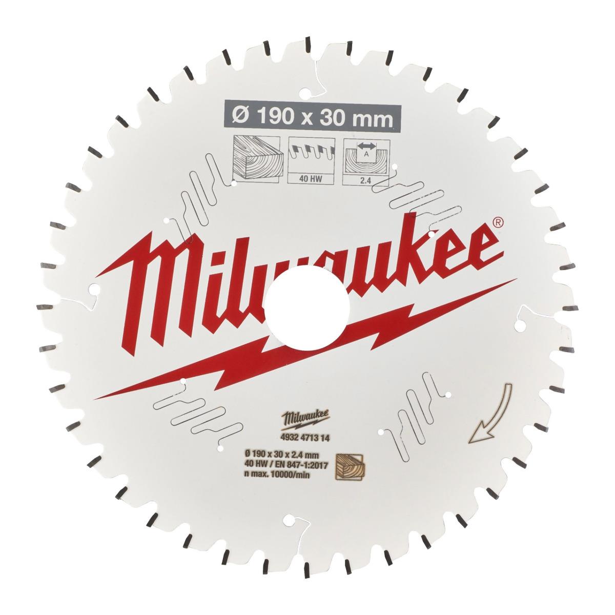 Milwaukee 190mm x 30mm 40T Wood Mitre Saw Blade 4932471314